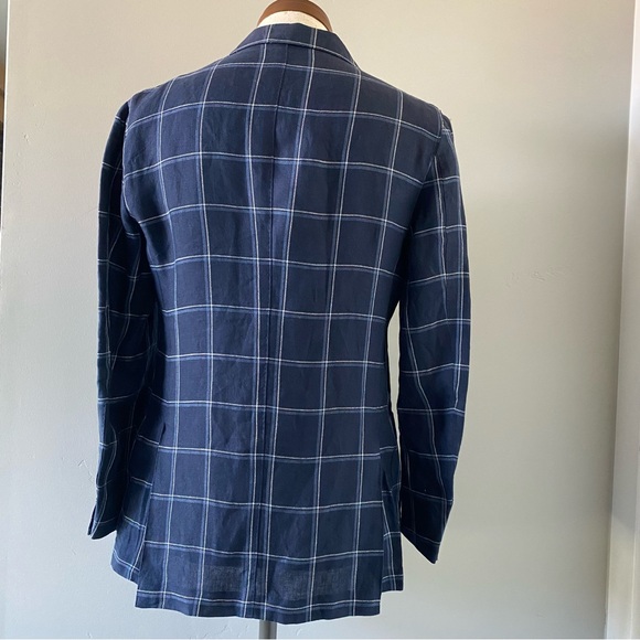 UNITED ARROWS SOVEREIGN men’s navy windowpane linen jacket, JP size 44 (US 34S) - Picture 3 of 13